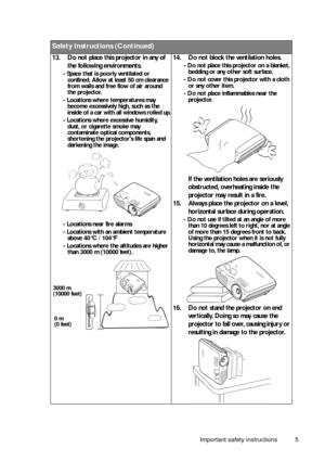 Page 5Important safety instructions 5
Safety Instructions (Continued)
13. Do not place this projector in any of 
the following environments.
- Space that is poorly ventilated or 
confined. Allow at least 50 cm clearance 
from walls and free flow of air around 
the projector. 
- Locations where temperatures may 
become excessively high, such as the 
inside of a car with all windows rolled up.
- Locations where excessive humidity, 
dust, or cigarette smoke may 
contaminate optical components, 
shortening the...