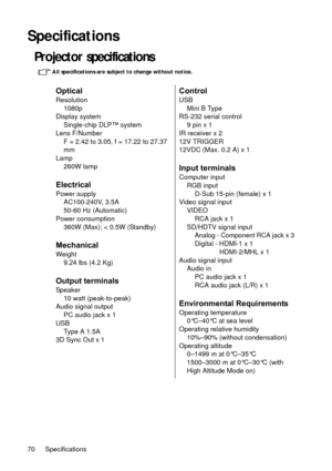 Page 70Specifications
70
Specifications
Projector specifications 
All specifications are subject to change without notice.
Optical
Resolution
1080p
Display system Single-chip DLP™ system
Lens F/Number F = 2.42 to 3.05, f = 17.22 to 27.37 
mm
Lamp 260W lamp
Electrical
Power supplyAC100-240V, 3.5A
50-60 Hz (Automatic)
Power consumption 360W (Max); < 0.5W (Standby)
Mechanical
Weight 9.24 lbs
 (4.2 Kg)
Output terminals
Speaker
10 watt (peak-to-peak)
Audio signal output PC audio jack x 1
USB Type A 1.5A
3D Sync Out...