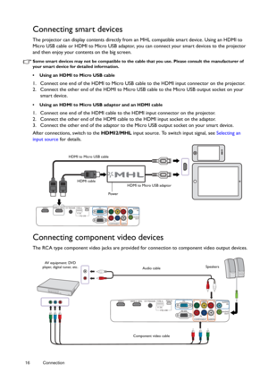 Page 1616 Connection  
Connecting smart devices
The projector can display contents directly from an
 MHL compatible smart device. Using an HDMI to 
Micro USB cable or HDMI to Micro USB adaptor, you can connect your smart devices to the projector 
and then enjoy your contents on the big screen.
Some smart devices may not be compatible to the cable that you use. Please consult the manufacturer of 
your smart device for detailed information.
•  Using an HDMI to Micro USB cable
1. Connect one end of the HDMI to...