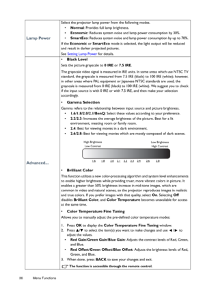 Page 3636 Menu Functions  
Lamp Power
Select the projector lamp power from the following modes.
•  Normal : Provides full lamp brightness.
•  Economic : Reduces system noise and lamp power consumption by 30%.
•  SmartEco : Reduces system noise and lamp power consumption by up to 70%. 
If the  Economic  or SmartEco  mode is selected, the light output will be reduced 
and result in darker projected pictures.
See Setting Lamp Power
 for details.
Advanced...
•  Black Level
Sets the picture grayscale to  0 IRE or...