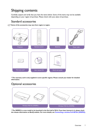 Page 7  7
  Overview
Shipping contents
Carefully unpack and verify that you have the items below. Some of the items may not be available 
depending on your region of purchase. Pl ease check with your place of purchase.
Standard accessories
Some of the accessories may vary from region to region.
* The warranty card is only supplied in some specific regions. Please consult your dealer for detailed 
information.
Optional accessories
* The WDP02 is a new model to be launched in the first ha lf of 2016. If you have...