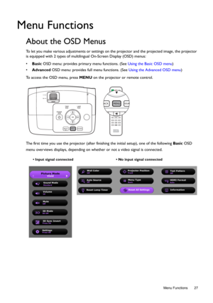 Page 27  27
  Menu Functions
Menu Functions
About the OSD Menus
To let you make various adjustments or settings on the projector and the projected image, the projector 
is equipped with 2 types of multilingual On-Screen Display (OSD) menus: 
• Basic OSD menu: provides primary menu functions. (See Using the Basic OSD menu)
• Advanced OSD menu: provides full menu functions. (See Using the Advanced OSD menu)
To access the OSD menu, press MENU on the projector or remote control. 
The first time you use the...