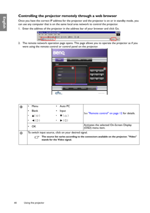 Page 4646 Using the projector  
EnglishControlling the projector re
motely through a web browser
Once you have the correct IP address for the projecto r and the projector is on or in standby mode, you 
can use any computer that is on the same local area network to control the projector.
1. Enter the address of the projector in the address bar of your browser and click Go.
2. The remote network operation page opens. This pa ge allows you to operate the projector as if you 
were using the remote control or...