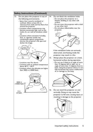 Page 5Important safety instructions 5
    
Safety Instructions (Continued)
13. Do not place this projector in any of 
the following environments.
- Space that is poorly ventilated or 
confined. Allow at least 50 cm 
clearance from walls and free flow of air 
around the projector. 
- Locations where temperatures may 
become excessively high, such as the 
inside of a car with all windows rolled 
up.
- Locations where excessive humidity, 
dust, or cigarette smoke may 
contaminate optical components, 
shorten the...