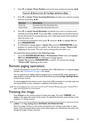 Page 31Operation 31 4. Press  to highlight Timer Position and set the timer position by pressing  /
.
5. Press   to highlight Timer Counting Direction and select your desired counting 
direction by pressing  / .
6. Press  to highlight Sound Reminder and decide if you want to activate sound 
reminder by pressing  / . If you select On, a double beep sound will be heard at 
the last 30 seconds of counting down/up, and a triple beep sound will be produced 
when the timer is up.
7. To activate the presentation...