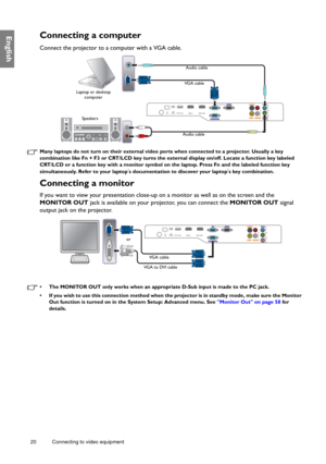 Page 2020 Connecting to video equipment  
EnglishConnecting a computer
Connect the projector to a computer with a VGA cable. 
Many laptops do not turn on their external video ports when connected to a projector. Usually a key 
combination like Fn + F3 or CRT/LCD key turns the external display on/off. Locate a function key labeled 
CRT/LCD or a function key with a monitor symbol on the laptop. Press Fn and the labeled function key 
simultaneously. Refer to your laptop
s documentation to discover your laptops key...