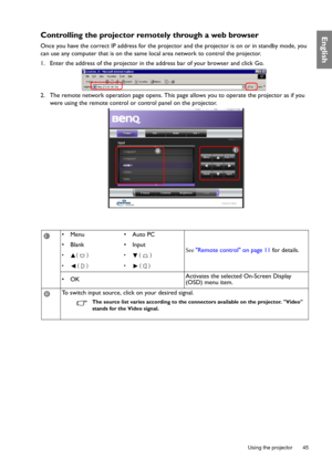 Page 45  45
  Using the projector
EnglishControlling the projector re motely through a web browser
Once you have the correct IP address for the projecto r and the projector is on or in standby mode, you 
can use any computer that is on the same local area network to control the projector.
1. Enter the address of the projector in the address bar of your browser and click Go.
2. The remote network operation page opens. This pa ge allows you to operate the projector as if you 
were using the remote control or...