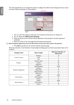 Page 4646 Using the projector  
EnglishThe tools page allows you to manage the projector, configure the LAN control settings and secure access 
of remote network operation on this projector.
i.You can name the projector, keep track of its location and the person in charge of it.
ii. You can adjust the LAN Control Settings.
iii. Once set, access to the remote network operation on this projector has been password-
protected.
iv. Once set, access to the tools page has been password-protected.
After making the...