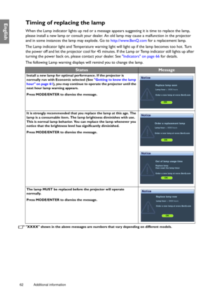 Page 6262 Additional information  
EnglishTiming of replacing the lamp
When the Lamp indicator lights up red or a message appears suggesting it is time to replace the lamp, 
please install a new lamp or consult your dealer. An old lamp may cause a malfunction in the projector 
and in some instances the lamp may explode. Go to http://www.BenQ.com for a replacement lamp.
The Lamp indicator light and Temperature warning light will light up if the lamp becomes too hot. Turn 
the power off and let the projector cool...