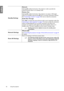 Page 5858 Using the projector  
English
Standby Settings
Network
Selecting On enables the function. The projector is able to provide the 
network function when it is in standby mode.
Monitor Out
Selecting On enables the function. The projector can output a VGA signal 
when it is in standby mode and the PC jack is correctly connected to devices. 
See Connecting a monitor on page 20 for how to make the connection.
Audio Pass Through
Press  /  to choose the source that you wish to use in operation mode. See...