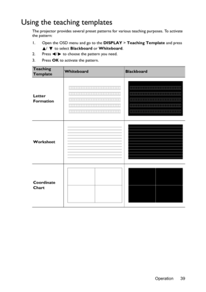 Page 39Operation 39
Using the teaching templates
The projector provides several preset patterns for various teaching purposes. To activate 
the pattern:
1. Open the OSD menu and go to the DISPLAY > Teaching Template and press 
/   to select Blackboard or Whiteboard.
2. Press /  to choose the pattern you need. 
3. Press OK to activate the pattern.
Teaching 
TemplateWhiteboardBlackboard
Letter 
Formation
Worksheet
Coordinate 
Chart 