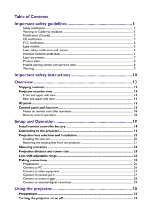 Page 2Table of Contents
Important safety guidelines .......................................................... 5
Safety notification  ..............................................................................\
................................................... 5
Warning to California residents ..............................................................................\
........................... 5
Notification (Canada)  ...............................................................................\...