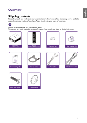 Page 1313
Overview
Shipping contents
Carefully unpack and verify that you have the items below. Some of the items may not be available 
depending on your region of purchase. Please check with your place of purchase.
Some of the accessories may vary from region to region.
The warranty card is only supplied in some specific regions. Please consult your dealer for detailed information.
Projector 
without lensWarranty card
Quick start guide
Anti-Theft screwLens hole cap
Power cableVGA cableWired remote cable
User...