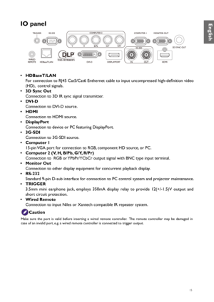 Page 1515
IO panel
• HDBaseT/LAN
For connection to RJ45 Cat5/Cat6 Enthernet cable to input uncompressed high-definition video 
(HD),  control signals.
•  3D Sync Out
Connection to 3D IR sync signal transmitter.
•  DVI-D
Connection to DVI-D source.
•  HDMI
Connection to HDMI source.
•  DisplayPort
Connection to device or PC featuring DisplayPort.
•  3G-SDI
Connection to 3G-SDI source.
•  Computer
 1
15-pin VGA port for connection to RGB, component HD source, or PC.
•  Computer
 2 (V, H, B/Pb, G/Y, R/Pr)...