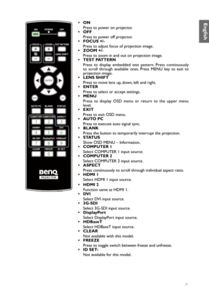 Page 1717
MENUEXIT
ENTER
1
4
7
0
89
6 3
5
2
•  ON
Press to power on projector.
•  OFF
Press to power off projector.
•  FOCUS +/-
Press to adjust focus of projection image.
•  ZOOM +/-
Press to zoom in and out on projection image.
•  TEST PATTERN
Press to display embedded test pattern. Press continuously 
to scroll through available ones. Press MENU key to exit to 
projection image.
•  LENS SHIFT
Press to move lens up, down, left and right.
•  ENTER
Press to select or accept settings.
•  MENU
Press to display...