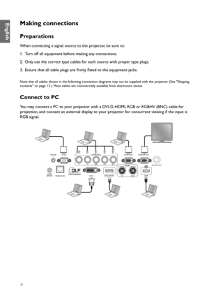 Page 2626
Making connections
Preparations
When connecting a signal source to the projector, be sure to:
1. Turn off all equipment before making any connections.
2.  Only use the correct type cables for each source with proper type plugs.
3.  Ensure that all cable plugs are firmly fitted to the equipment jacks.
Note that all cables shown in the following connection diagrams may not be supplied with the projector (See "Shipping 
contents" on page 13 ). Most cables are commercially available from...
