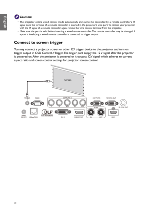 Page 2828
Caution:
• The projector enters wired control mode automatically and cannot be controlled by a remote controller’s IR 
signal once the terminal of a remote controller is inserted in the projector’s wire port. To control your projector 
with the IR signal of a remote controller again, remove the wire control terminal from the projector.
•  Make sure the port is valid before inserting a wired remote controller. The remote controller may be damaged if 
a port is invalid, e.g. a wired remote controller is...