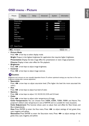 Page 4545
OSD menu - Picture
Picture Mode
Brightness
Contrast
Saturation
Hue
Gamma
Color
Sharpness
Noise Reduction
Overscan
Reset PictureBright
No Signal MENUExit
Picture
Picture Display
SetupAdvanced SystemInformation
• Picture Mode
Press 
◄► arrow key to select display mode.
Bright: Output in the highest brightness for application that requires higher brightness.
Presentation : Display the best image effect for presentation or static image projection.
Cinema : Display in best color effect for film playback.
•...