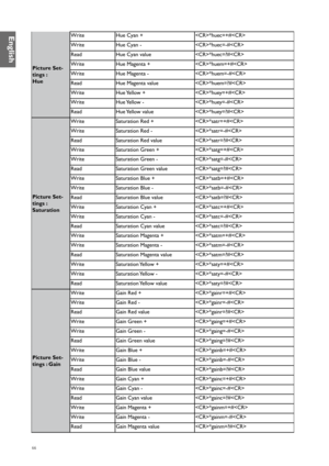 Page 6666
Picture Set-
tings : 
Hue Write
Hue Cyan + *huec=+#
Write Hue Cyan - *huec=-#
Read Hue Cyan value *huec=?#
Write Hue Magenta + *huem=+#
Write Hue Magenta - *huem=-#
Read Hue Magenta value *huem=?#
Write Hue Yellow + *huey=+#
Write Hue Yellow  - *huey=-#
Read Hue Yellow  value *huey=?#
Picture Set -
tings : 
Saturation Write
Saturation Red + *satr=+#
Write Saturation Red - *satr=-#
Read Saturation Red value *satr=?#
Write Saturation Green + *satg=+#
Write Saturation Green - *satg=-#
Read Saturation...