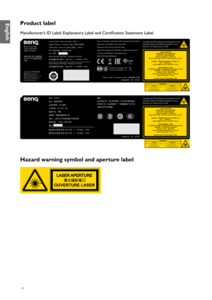 Page 88
Product label
Manufacturer’s ID Label, Explanatory Label and Certification Statement Label.
CAUTION
Possibly hazardous optical radiation emitted  from this product. 
Do not stare at operating lamp .
May be harmful to the eyes. A
TTENTIO N
Ce produit peut émettre des rayonnement s
optiques dangereux.
Ne pas fixer la lampe en fonctionnement. Peut être nocif pour les yeux.
RISK GR
OUP 2
Complies with FD A performance standards for lase r
products except for deviations pursuant to Laser 
Notice No. 50,...