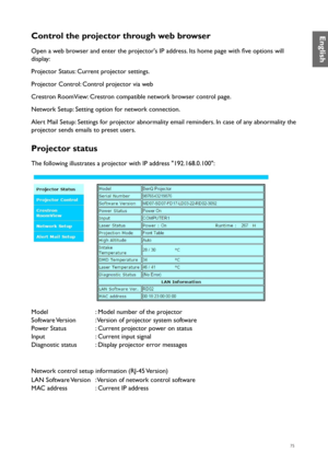 Page 7575
Control the projector through web browser
Open a web browser and enter the projector's IP address. Its home page with five options will 
display:
Projector Status: Current projector settings.
Projector Control: Control projector via web
Crestron RoomView: Crestron compatible network browser control page.
Network Setup: Setting option for network connection.
Alert Mail Setup: Settings for projector abnormality email reminders. In case of any abnormality the 
projector sends emails to preset users....