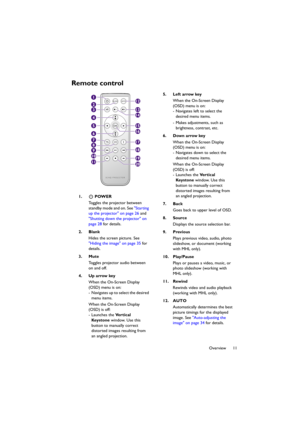 Page 1111 Overview
Remote control
1.  POWER
Toggles the projector between 
standby mode and on. See Starting 
up the projector on page 26 and 
Shutting down the projector on 
page 28 for details.
2. Blank
Hides the screen picture. See 
Hiding the image on page 35 for 
details.
3. Mute
Toggles projector audio between 
on and off.
4. Up arrow key
When the On-Screen Display 
(OSD) menu is on:
- Navigates up to select the desired 
menu items.
When the On-Screen Display 
(OSD) is off:
-Launches the Ve r t i c a l...