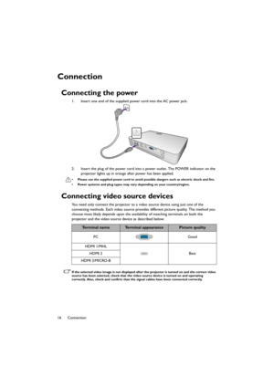 Page 1616 Connection
Connection
Connecting the power
1. Insert one end of the supplied power cord into the AC power jack.
2. Insert the plug of the power cord into a power outlet. The POWER indicator on the 
projector lights up in orange after power has been applied.
• Please use the supplied power cord to avoid possible dangers such as electric shock and fire.
• Power systems and plug types may vary depending on your country/region.
Connecting video source devices
You need only connect the projector to a video...