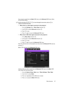 Page 3737 Menu functions If you intend to switch from the Basic OSD menu to the Advanced OSD menu, follow 
the instructions below:
Use the arrow keys (///) to move through the menu items, and use   to 
confirm the selected menu item.
• When there is a video signal connected to the projector:
i. Go to the Settings menu > Menu Type and press  .
ii. Use /  to select Advanced and press  .
iii. Press   to exit.
iv. Press   again to access the Advanced OSD menu.
• When there is NO video signal connected to the...