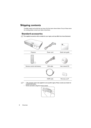 Page 88Overview
Shipping contents
Carefully unpack and verify that you have all of the items shown below. If any of these items 
are missing, please contact your place of purchase.
Standard accessories
The supplied accessories will be suitable for your region, and may differ from those illustrated.
• * The warranty card is only supplied in some specific regions. Please consult your dealer for 
detailed information.
• Pull the tab before using the remote control.
Projector Power cord Quick start guide
Remote...