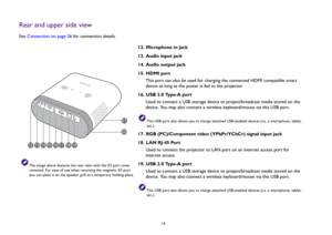 Page 1414
Rear and upper side viewSee Connection on page 26 for connection details.
The image above features the rear view with the IO port cover 
removed. For ease of use when removing the magnetic IO port 
you can place it on the speaker grill as a temporary holding place.
12. Microphone in jack
13. Audio input jack
14. Audio output jack
15.  HDMI port
This port can also be used for charging the connected HDMI compatible smart 
device as long as the power is fed to the projector.
16. USB 3.0 Type-A port
Used...