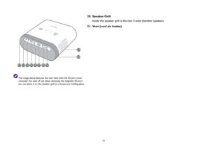 Page 15  15 The image above features the rear view with the IO port cover 
removed. For ease of use when removing the magnetic IO port 
you can place it on the speaker grill as a temporary holding place.
20. Speaker Grill
Inside the speaker grill is the two 5-watt chamber speakers.
21. Vent (cool air intake)
12
13
14
15
16
17
18
19
2021 