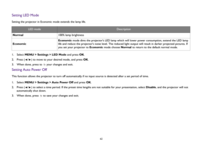 Page 6262
Setting LED ModeSetting the projector in Economic mode extends the lamp life.
1.  Select MENU > Settings > LED Mode and press OK.
2.  Press ( / ) to move to your desired mode, and press OK.
3.  When done, press to   your changes and exit.Setting Auto Power OffThis function allows the projector to turn off automatically if no input source is detected after a set period of time.
1.  Select MENU > Settings > Auto Power Off and press OK.
2.  Press ( / ) to select a time period. If the preset time lengths...