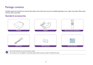 Page 1010
Package contentsCarefully unpack and verify that you have the items below. Some of the items may not be available depending on your region of purchase. Please check 
with your place of purchase.Standard accessories
•  Some of the accessories may vary from region to region.
•  The warranty card is only supplied in some specific regions. Please consult your dealer for detailed information.
Projector
Adapter
Remote Control with Battery
HDMI Cable
Wa r r a n t y  C a rd
i500
Ultra Lite LED Smart...