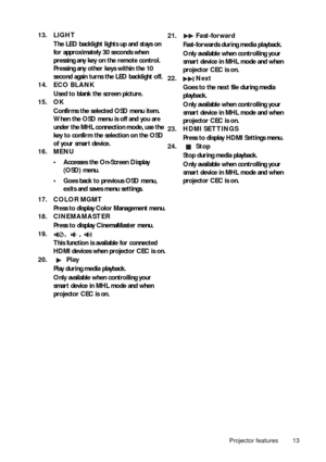 Page 13Projector features 13
13. LIGHTThe LED backlight lights up and stays on 
for approximately 30 seconds when 
pressing any key on the remote control. 
Pressing any other keys within the 10 
second again turns the LED backlight off.
14. ECO BLANK
Used to blank the screen picture.
15. OK
Confirms the selected OSD menu item. 
When the OSD menu is off and you are 
under the MHL connection mode, use the 
key to confirm the selection on the OSD 
of your smart device.
16. MENU
• Accesses the On-Screen Display...