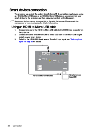 Page 24Connection
24
Smart devices connection
The projector can project the content directly from a MHL compatible smart device. Using 
an HDMI to Micro USB cable or an HDMI to  Micro USB adaptor, you can connect your 
smart devices to the projector and then  enjoy your content on the big screen.
Some smart devices may not be compatible to the cable that you use. Please consult the 
manufacturer of your smart device for detailed information.
Using an HDMI to Micro USB cable
1. Connect one end of the HDMI to...