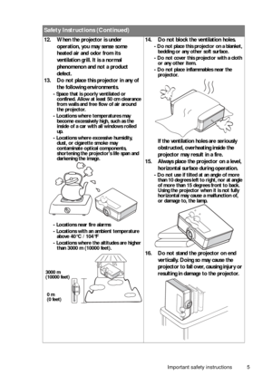 Page 5Important safety instructions 5
12. When the projector is under operation, you may sense some 
heated air and odor from its 
ventilation grill. It is a normal 
phenomenon and not a product 
defect.
13. Do not place this projector in any of  the following environments.
- Space that is poorly ventilated or confined. Allow at least 50 cm clearance 
from walls and free flow of air around 
the projector. 
- Locations where temperatures may  become excessively high, such as the 
inside of a car with all...