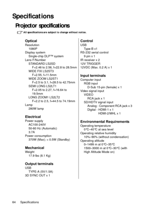 Page 64Specifications
64
Specifications
Projector specifications 
All specifications are subject to change without notice.
Optical
Resolution
1080P
Display system Single-chip DLP™ system
Lens F/Number STANDARD LS2SD F=2.46 to 2.56, f=22.8 to 28.5mm
WIDE FIX LS2ST3 F=2.55, f=11.5mm
WIDE ZOOM LS2ST1 F=2.5 to 3.1, f=28.5 to 42.75mm
SEMI LONG LS2LT1 F=2.05 to 2.27, f=16.64 to 
19.5mm
LONG ZOOM1 LS2LT2 F=2.2 to 2.5, f=44.5 to 74.19mm
Lamp 280W lamp
Electrical
Power supplyAC100-240V
50-60 Hz (Automatic)
3.7A
Power...