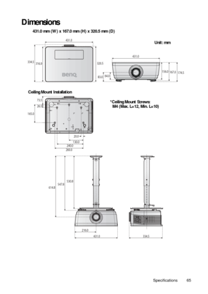 Page 65Specifications 65
Dimensions
431.0 mm (W) x 167.0 mm (H) x 320.5 mm (D)
431.0
156.0174.5167.064.083.0
316.9
26.5 73.5
320.5334.5
431.0
165.0
20.0
130.0
240.0
260.0
530.8547.8614.8
431.0
216.0334.5
Ceiling Mount Installation
*Ceiling Mount Screws:
  M4 (Max. L=12, Min. L=10)Unit: mm 