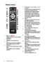 Page 12Projector features
12
Remote control
1.  ON /   OFF
Toggles the projector between standby 
mode and on.
2. SOURCE
Displays the source selection bar.
3. 3D
Launches the 3D menu and toggles the 
invert function between on and off.
4. DEFAULT
Reset the current selected item to default 
value.
Only available for picture adjustment 
functions. 5. Arrow keys (
▲ Up, ▼  Down, ◄  Left, 
►  Right )
When the On-Screen Display (OSD) menu 
is activated, these keys are used as 
directional arrows to select the...