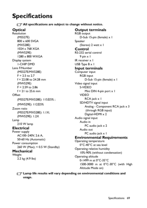 Page 69Specifications 69
Specifications
All specifications are subject to change without notice. 
Lamp life results will vary depending on environmental conditions and 
usage.
OpticalResolution
(MS527E)
800 x 600 SVGA
(MX528E)
1024 x 768 XGA
(MW529E)
1280 x 800 WXGA
Display system
1-CHIP DMD
Lens F/Number
(MS527E/MX528E)
F = 2.5 to 2.7
f = 22.08 to 24.28 mm
(MW529E)
F = 2.59 to 2.86 
f = 21 to 25.6 mm
Offset
(MS527E/MX528E): 115
±5% ; 
(MW529E): 112
±5% 
Zoom ratio
(MS527E/MX528E): 1.1X; 
(MW529E): 1.2X
Lamp...