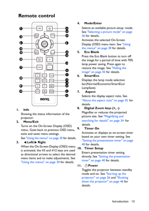 Page 13Introduction 13
Remote control
1. Info
Showing the status information of the 
projector.
2. Menu/Exit
Turns on the On-Screen Display (OSD) 
menu. Goes back to previous OSD menu, 
exits and saves menu settings.
See Using the menus on page 30 for details.
3. Left/ Right
When the On-Screen Display (OSD) menu 
is activated, the #3 and #12 keys are used 
as directional arrows to select the desired 
menu items and to make adjustments. See 
Using the menus on page 30 for details.4. Mode/Enter
Selects an...