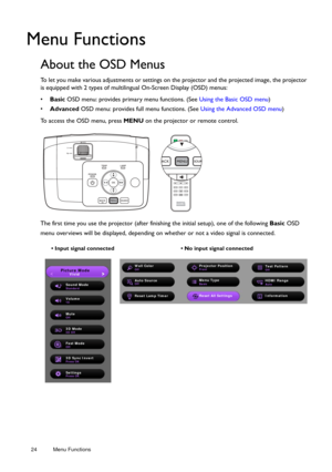 Page 2424 Menu Functions  
Menu Functions
About the OSD Menus
To let you make various adjustments or settings on the projector and the projected image, the projector 
is equipped with 2 types of multili
ngual On-Screen Display (OSD) menus: 
•  Basic  OSD menu: provides primary menu functions. (See  Using the Basic OSD menu)
•  Advanced  OSD menu: provides full menu functions. (See  Using the Advanced OSD menu)
To access the OSD menu, press  MENU on the projector or remote control. 
The first time you use the...