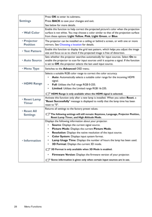 Page 2828 Menu Functions  
Settings
Press 
OK to enter its submenu. 
Press BACK to save your changes and exit.
See below for more details.
•  Wall Color
Enable this function to help correct the projected picture’s color when the projection 
surface is not white. You may choose a color similar to that of the projection surface 
from these options:  Light Yellow, Pink , Light Green , or Blue .
• Projector 
Po s i t i o nThe projector can be installed on a ceiling or behind a screen, or with one or more 
mirrors....
