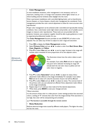 Page 3434 Menu Functions  
Advanced... 
(Continued)
• 
Color Management
In most installation situations, color management is not necessary, such as in 
classroom, meeting room, or lounge room situations where lights remain on, or 
where building external windows allow daylight into the room. 
Only in permanent installations with controlled lighting levels, such as boardrooms, 
lecture theaters, or home theaters, should color management be considered. Color 
management provides fine color control adjustment to...