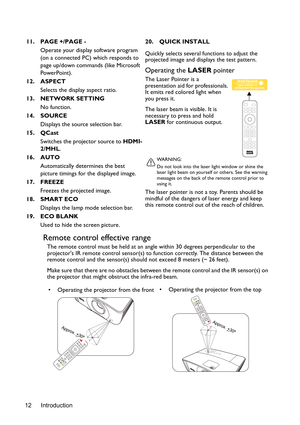 Page 12Introduction 12
Remote control effective range
The remote control must be held at an angle within 30 degrees perpendicular to the 
projectors IR remote control sensor(s) to function correctly. The distance between the 
remote control and the sensor(s) should not exceed 8 meters (~ 26 feet).
Make sure that there are no obstacles between the remote control and the IR sensor(s) on 
the projector that might obstruct the infra-red beam. 11. PAGE +/PAGE -
Operate your display software program 
(on a connected...