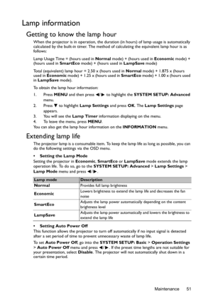 Page 51Maintenance 51
Lamp information
Getting to know the lamp hour
When the projector is in operation, the duration (in hours) of lamp usage is automatically 
calculated by the built-in timer. The method of calculating the equivalent lamp hour is as 
follows:
Lamp Usage Time = (hours used in Normal mode) + (hours used in Economic mode) + 
(hours used in SmartEco mode) + (hours used in LampSave mode)
Total (equivalent) lamp hour = 2.50 x (hours used in Normal mode) + 1.875 x (hours 
used in Economic mode) +...