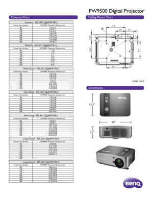 Page 2Units: inch
15.3”7.7” 20”
Ceiling Mount Chart
Dimensions
3.29”
8.46”
9.8”
4.2”
1.2”
8.4”
9.4”.19”
4.9”
Wide Fix - PFL-011 (5J.JAM37.011)
Screen Size (Inches) PW9500- Projection Distance (m)
80 1.39
100 1.75
120 2.11
150 2.64
200 3.54
300 5.33
400 7.13
500 8.92
Semi Long - PZL-051 (5J.JAM37.051)
Screen Size (Inches)PW9500- Projection Distance (m)
80 4.02-6.71
100 5.05-8.41
120 6.07-10.10
150 7.61-12.65
200 10.17-16.89
300 15.30-25.38
400 20.42-33.86
500 25.55-42.35
Wide Zoom - PZL-021 (5J.JAM37.021)...