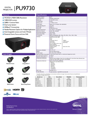 Page 1BenQ  Amer ica C orp.
www .BenQ.us
BenQ is a r egis te re d  tr a d emar k of B enQ  Corp .  A ll  rig hts  res erve d.  Product names, logos, brands, and other trademarks featured or referred \
to in this material are the 
property of their respective trademark holders. Specifications subject t\
o change without notice.Because it matters
BenQ Lens P/NZoom Ratio WUXGAMarketing ModelSTD Lens 5J.JAM37.001 1.3x0.76:1 PZL-001
Wide Fix 5J.JAM37.011Fixed0.78~0.98:1 PFL-011
Wide Zoom 5J.JAM37.0211.4x1.25~1.79:1...