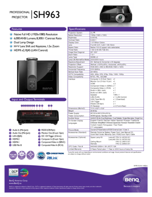 Page 1Because it matters
BenQ America Corp.
www.BenQ.us
Be nQ is a registere d trade mark of Be nQ Corp.   DLP® is a registered trademar k of Texas I nstruments. Al l rights  reserved.  Product names, logos, brands, and other trademarks 
featured or referred to in this materials are the property of their resp\
ective trademark holders. Specifications subject to change without notice. 
I
1080P2D
Keystone2D
Lens Shift
SH963
PROFESSIONAL
PROJECTOR
Features Specifications
Native Full HD (1920x1080) Resolution...