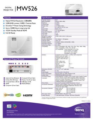 Page 11
2
3
4
56
7
8
9Audio In & Out (Mini Jack)  
S-Video (Mini DIN 4-pin)
Composite Video in (RCA)
HDMI
Computer-1 (D-sub 15pin) Computer-2 (D-sub 15pin)
Monitor Out (D-sub 15pin)
USB (Type mini-B)
RS232 (DB-9pin)
Input and Output Terminals
1
35
789246
Because it matters
B
enQ  Amer ica C orp.
www .BenQ.us
BenQ is a r egis te re d  tr a d emar k of B enQ  Corp .  D LP® is a r egis te re d  tr a d ema rk  of T exas I nstru me nts .  A ll  rig hts  res erve d.  Product names, logos, brands, and other...